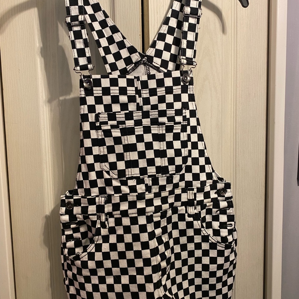 Black and White Checked Overall Shorts